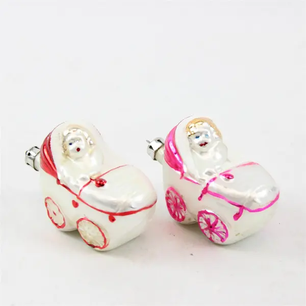 Vintage Hand-Blown Set of 2 Baby in Pram Glass Ornaments Poland 3.5" Tall