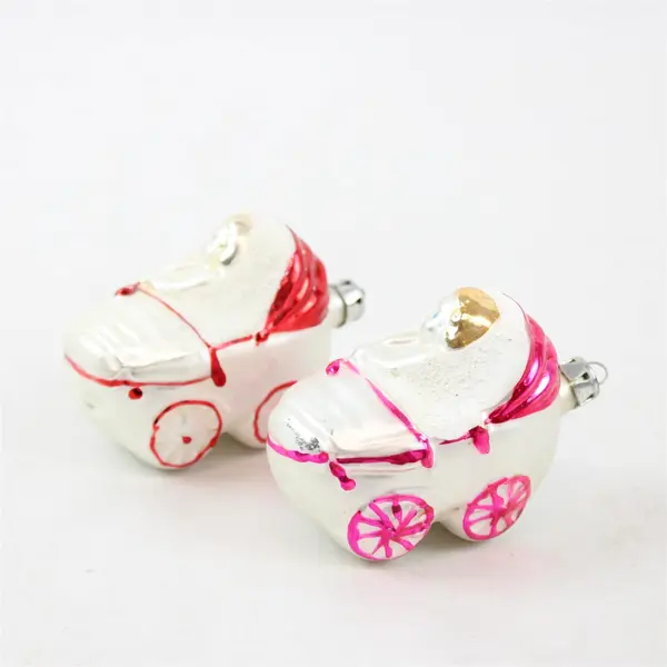 Vintage Hand-Blown Set of 2 Baby in Pram Glass Ornaments Poland 3.5" Tall