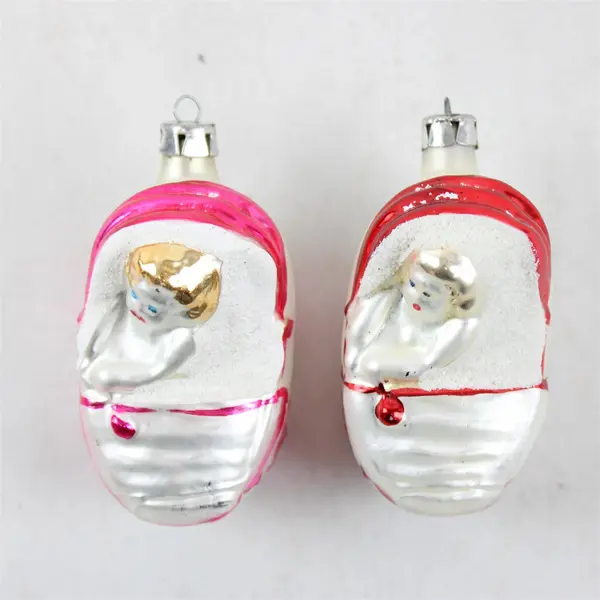 Vintage Hand-Blown Set of 2 Baby in Pram Glass Ornaments Poland 3.5" Tall