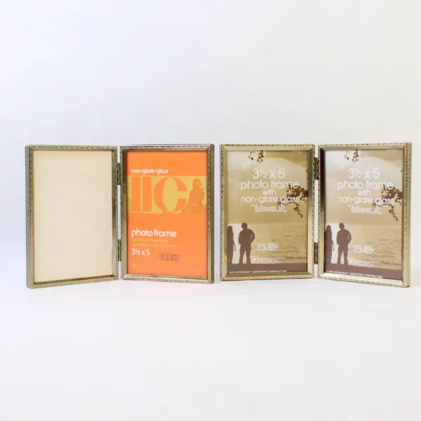 Lot of 2 VTG Gold-Tone Double Fold Non-Glare Glass Picture Frames 3-1/2" x 5"