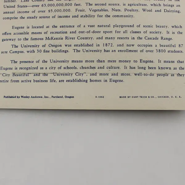 Vintage Eugene University Of Oregon Souvenir Postcard Folder