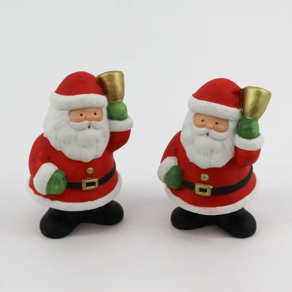 2 Ceramic Bell Ringing Santa Figurines 3.25"