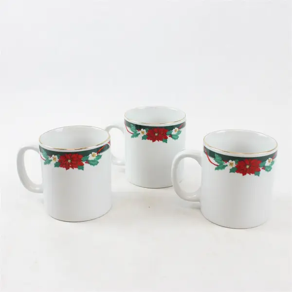 Set of 3 Tienshan Fine China Deck the Halls Poinsettia Holiday Mugs 