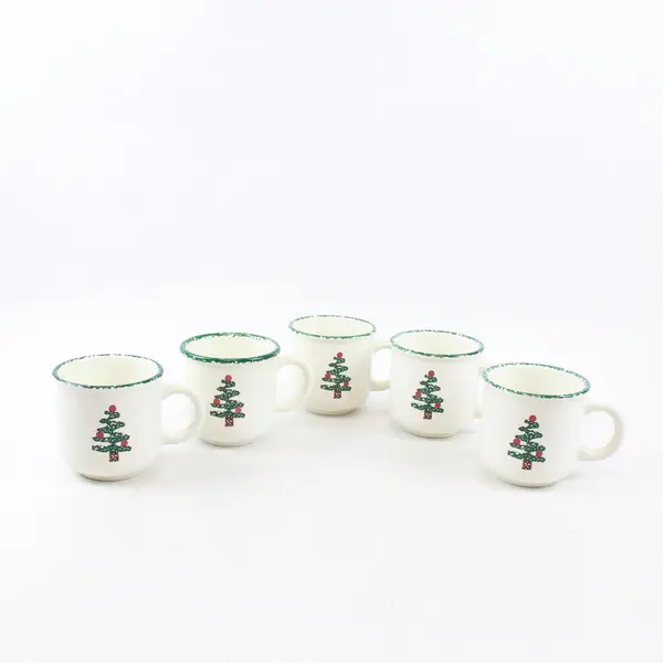 Set of 5 Furio Christmas Tree Coffee Mugs Green Sponge Rim Italy