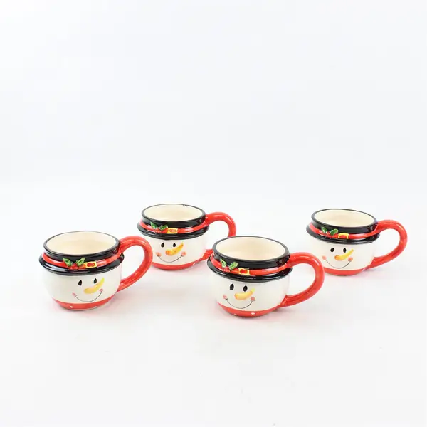 Set of 4 Snowman Ceramic Porcelain Christmas Coffee Mugs