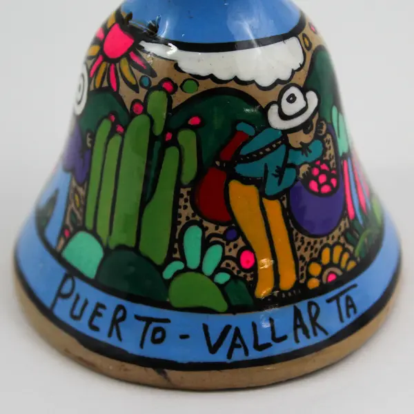 Hand Painted Puerto Vallarta Terracotta Souvenir Bell Village Scene