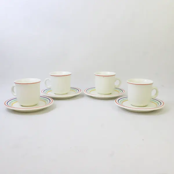 Lot Of 8 Unbranded White W/ Multicolor Striped Ceramic 4 Tea Cups & 4 Saucers