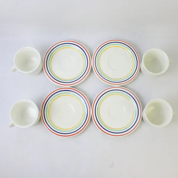 Lot Of 8 Unbranded White W/ Multicolor Striped Ceramic 4 Tea Cups & 4 Saucers