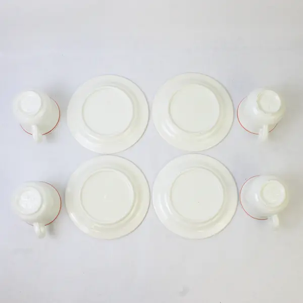Lot Of 8 Unbranded White W/ Multicolor Striped Ceramic 4 Tea Cups & 4 Saucers