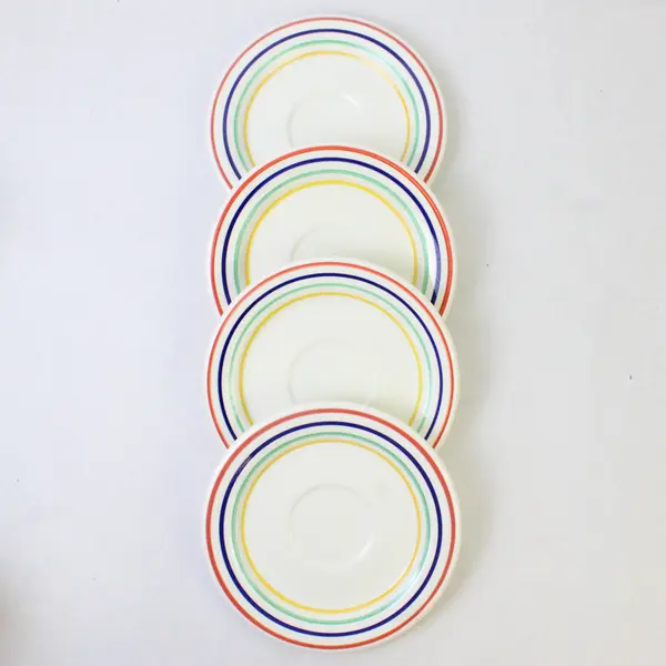 Lot Of 8 Unbranded White W/ Multicolor Striped Ceramic 4 Tea Cups & 4 Saucers