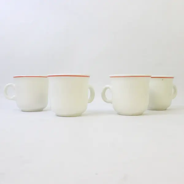 Lot Of 8 Unbranded White W/ Multicolor Striped Ceramic 4 Tea Cups & 4 Saucers