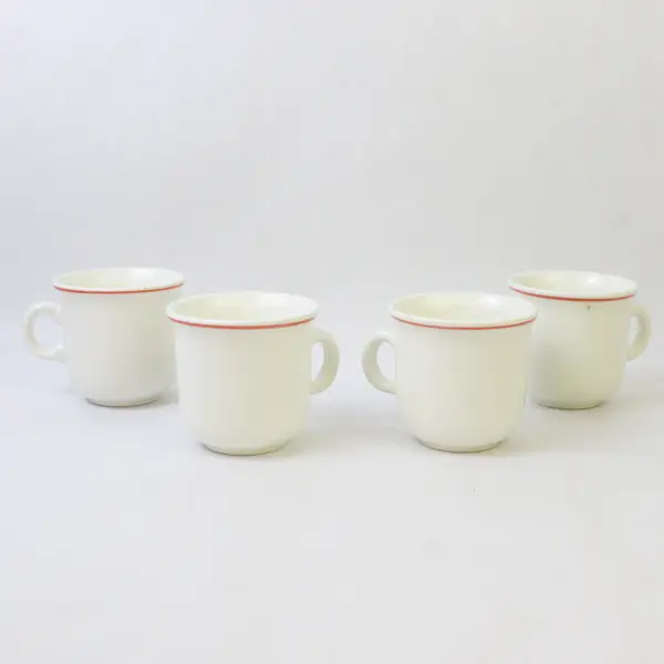 Lot Of 8 Unbranded White W/ Multicolor Striped Ceramic 4 Tea Cups & 4 Saucers