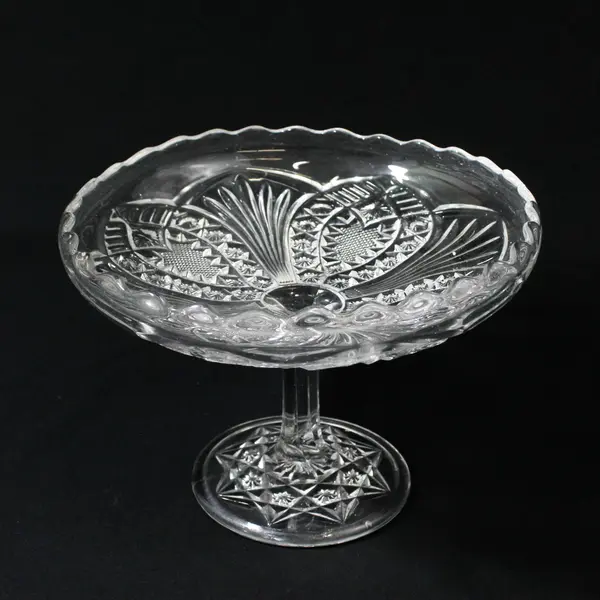 Early American Pressed Glass Compote Diamond Button Fan Floral Pattern