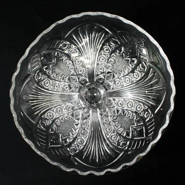 Early American Pressed Glass Compote Diamond Button Fan Floral Pattern
