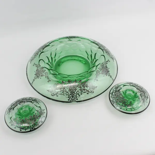 Vtg Green Rolled Edge Console Bowl w/ Silver Overlay And 2 Matching Candlesticks