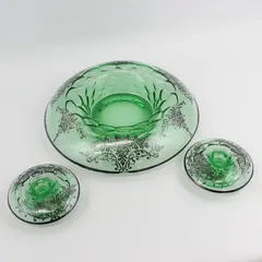 Vtg Green Rolled Edge Console Bowl w/ Silver Overlay And 2 Matching Candlesticks