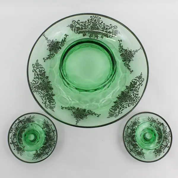 Vtg Green Rolled Edge Console Bowl w/ Silver Overlay And 2 Matching Candlesticks
