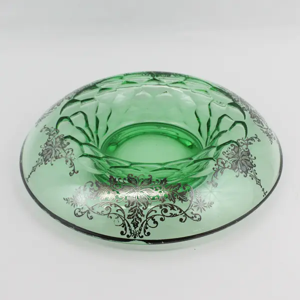 Vtg Green Rolled Edge Console Bowl w/ Silver Overlay And 2 Matching Candlesticks