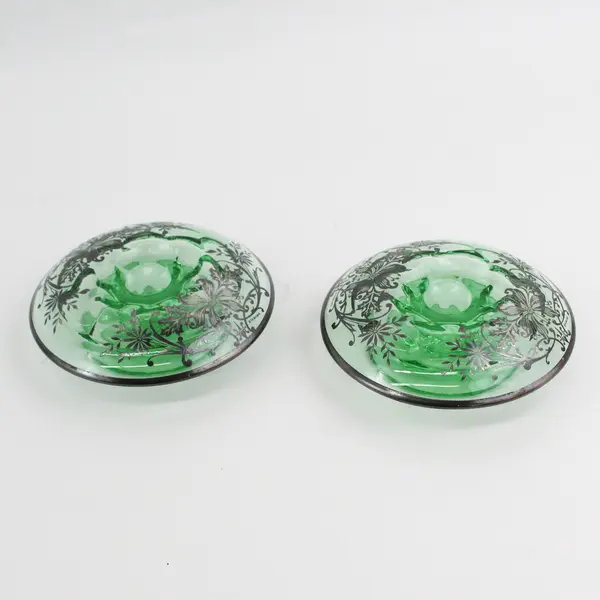 Vtg Green Rolled Edge Console Bowl w/ Silver Overlay And 2 Matching Candlesticks