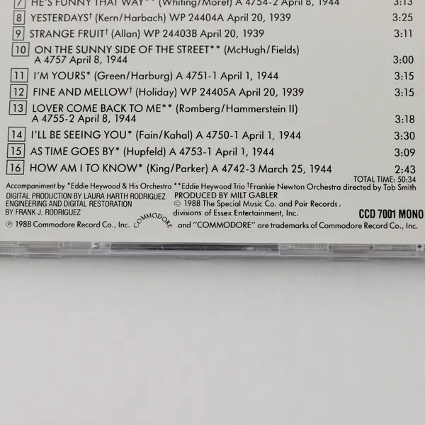 Lady Day CD (Hits from 1939-1944) Billie Holiday 1988, #CCD 7001 MONO 