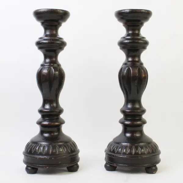 Set of 2 Vintage Dark Brown Wooden Candlestick Holders 12-1/4"