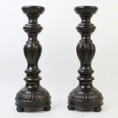 Set of 2 Vintage Dark Brown Wooden Candlestick Holders 12-1/4"