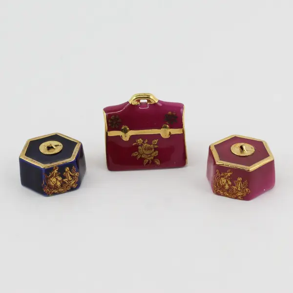 Lot of 3 Limoges France Pink & Blue Gold Dollhouse Porcelain Accessories