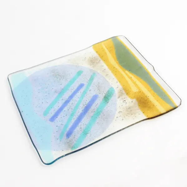 Hand Blown  Art Glass Trivet Tray Blue Gold 8.5" x 10.5"