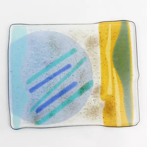 Hand Blown  Art Glass Trivet Tray Blue Gold 8.5" x 10.5"