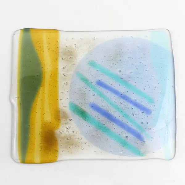 Hand Blown  Art Glass Trivet Tray Blue Gold 8.5" x 10.5"