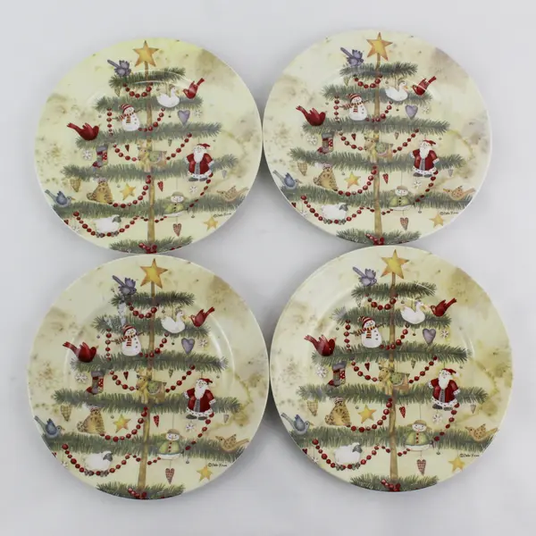 Set of 4 Debi Hron 2006 Holiday Home Christmas Tree Snack Plates 8.5"