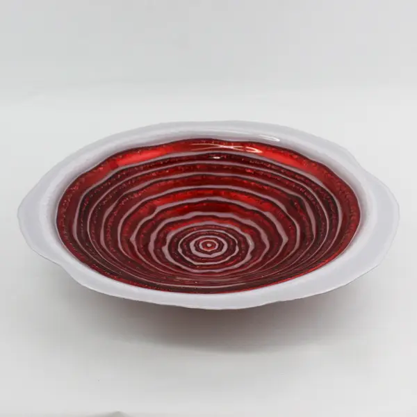 Murano Art Glass Bowl White With Red Bands Metallic Silver Back