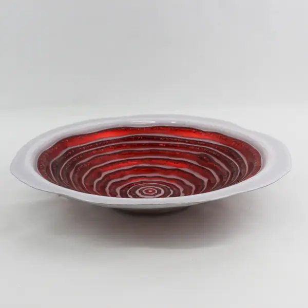 Murano Art Glass Bowl White With Red Bands Metallic Silver Back