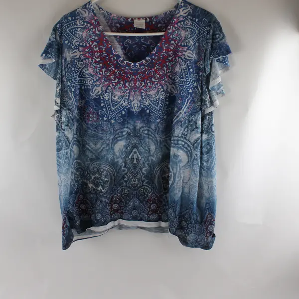 Time And Tru Blue & Pink Paisley Bedazzled Ruffle Sleeve Shirt Women's XXXL 22