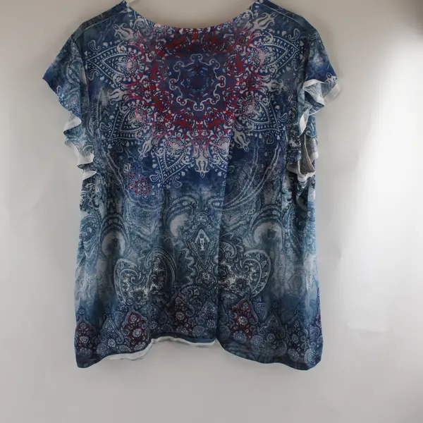 Time And Tru Blue & Pink Paisley Bedazzled Ruffle Sleeve Shirt Women's XXXL 22