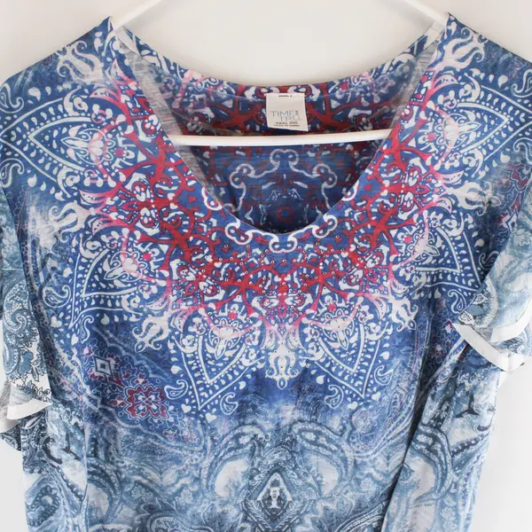 Time And Tru Blue & Pink Paisley Bedazzled Ruffle Sleeve Shirt Women's XXXL 22