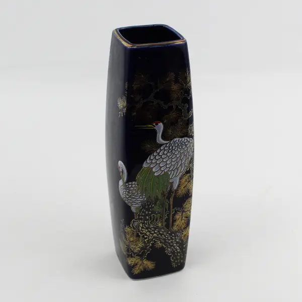 Vintage Bijutsu Toki Square Cobalt Blue Porcelain Vase Crane Floral 9 1/2” Japan