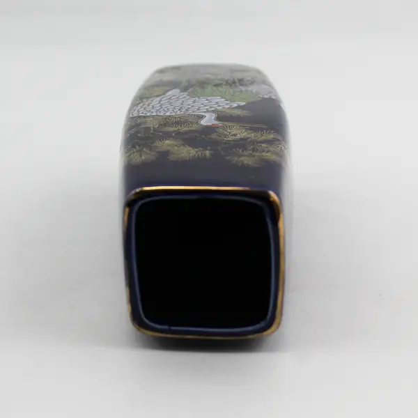 Vintage Bijutsu Toki Square Cobalt Blue Porcelain Vase Crane Floral 9 1/2” Japan