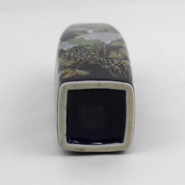 Vintage Bijutsu Toki Square Cobalt Blue Porcelain Vase Crane Floral 9 1/2” Japan