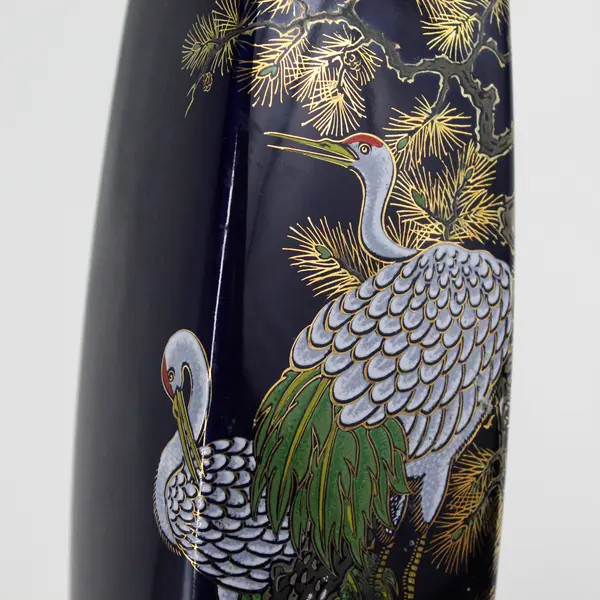 Vintage Bijutsu Toki Square Cobalt Blue Porcelain Vase Crane Floral 9 1/2” Japan