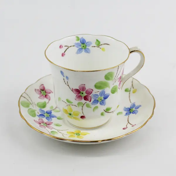 MCM Radfords Hand Painted Bone China Cup And Saucer White Gold Trim Flowers