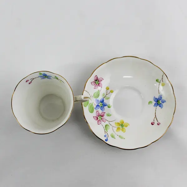 MCM Radfords Hand Painted Bone China Cup And Saucer White Gold Trim Flowers
