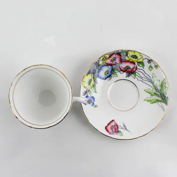 Rosina Bone China Footed Teacup & Saucer Pink Yellow Blue  Poppies England