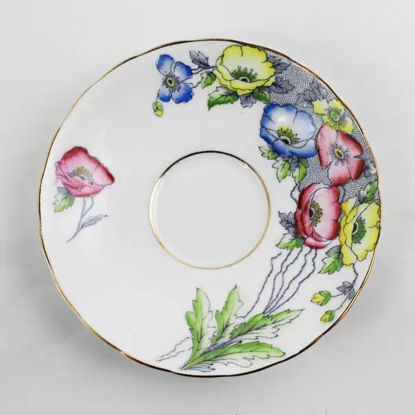 Rosina Bone China Footed Teacup & Saucer Pink Yellow Blue  Poppies England