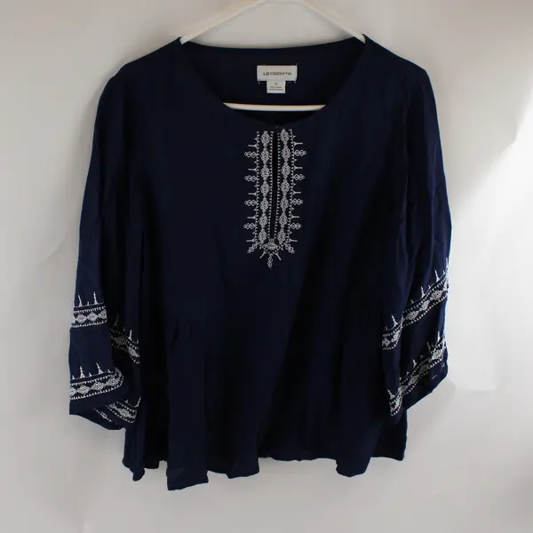 Liz Claiborne Embroidered Navy Blue 3/4 Bell Sleeve Tunic Top Women's Medium
