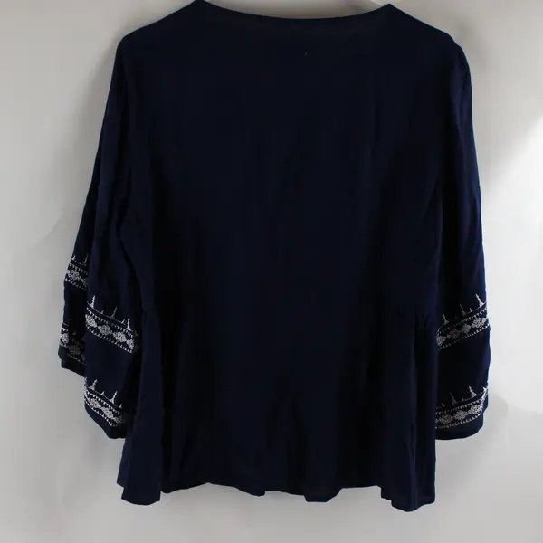 Liz Claiborne Embroidered Navy Blue 3/4 Bell Sleeve Tunic Top Women's Medium