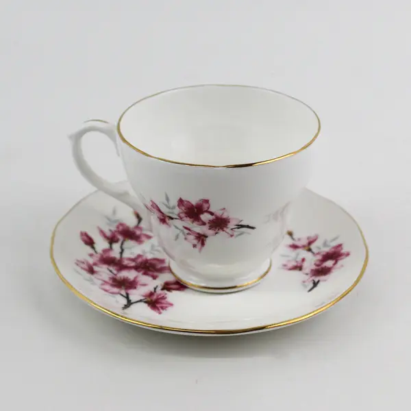 Vtg Duchess Cherry Blossom Bone China  Footed Tea Cup And Saucer 