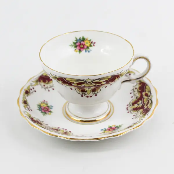 Vtg Royal Kendall Bone China Cup and Saucer Burgundy And Gold Butterfly Flower