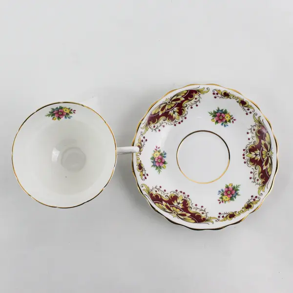 Vtg Royal Kendall Bone China Cup and Saucer Burgundy And Gold Butterfly Flower