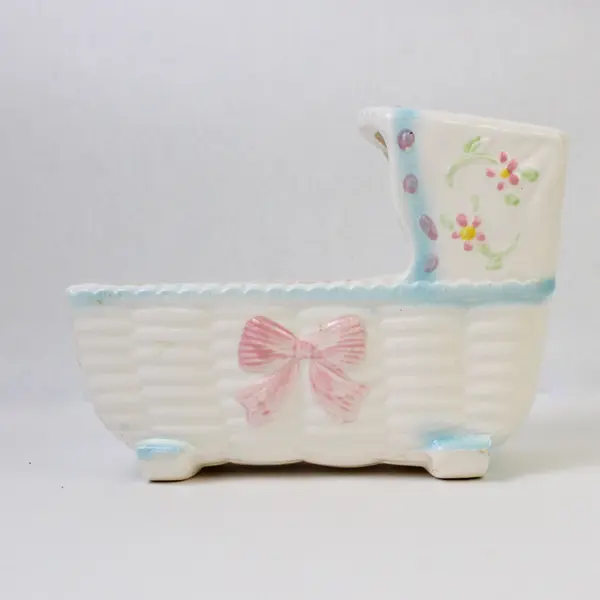 Vintage Ceramic Baby Bassinet Planter White w/ Blue Trim Made in Japan